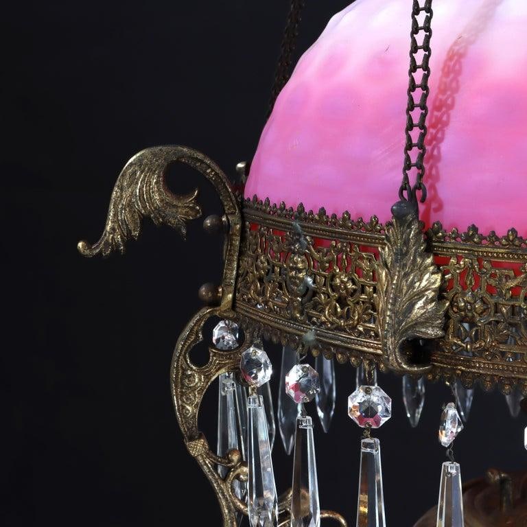 Late 19th Century Victorian Brass, Bronze & Crystal Chandelier With Peachblow Hobnail Glass Shade - 8