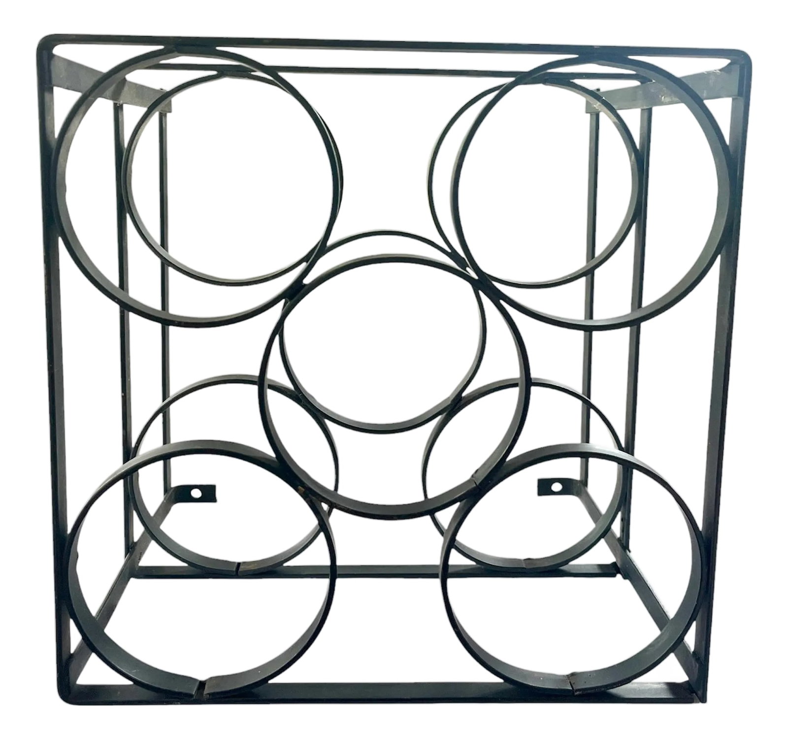 Vintage Mid-Century Modern Geometric Iron Wall-Mount 5 Bottle Wine Rack: A sculptural mid-20th-century iron wine rack featuring a striking arrangement of intersecting circular forms within a squared architectural frame. Crafted in matte black iron, the design balances
