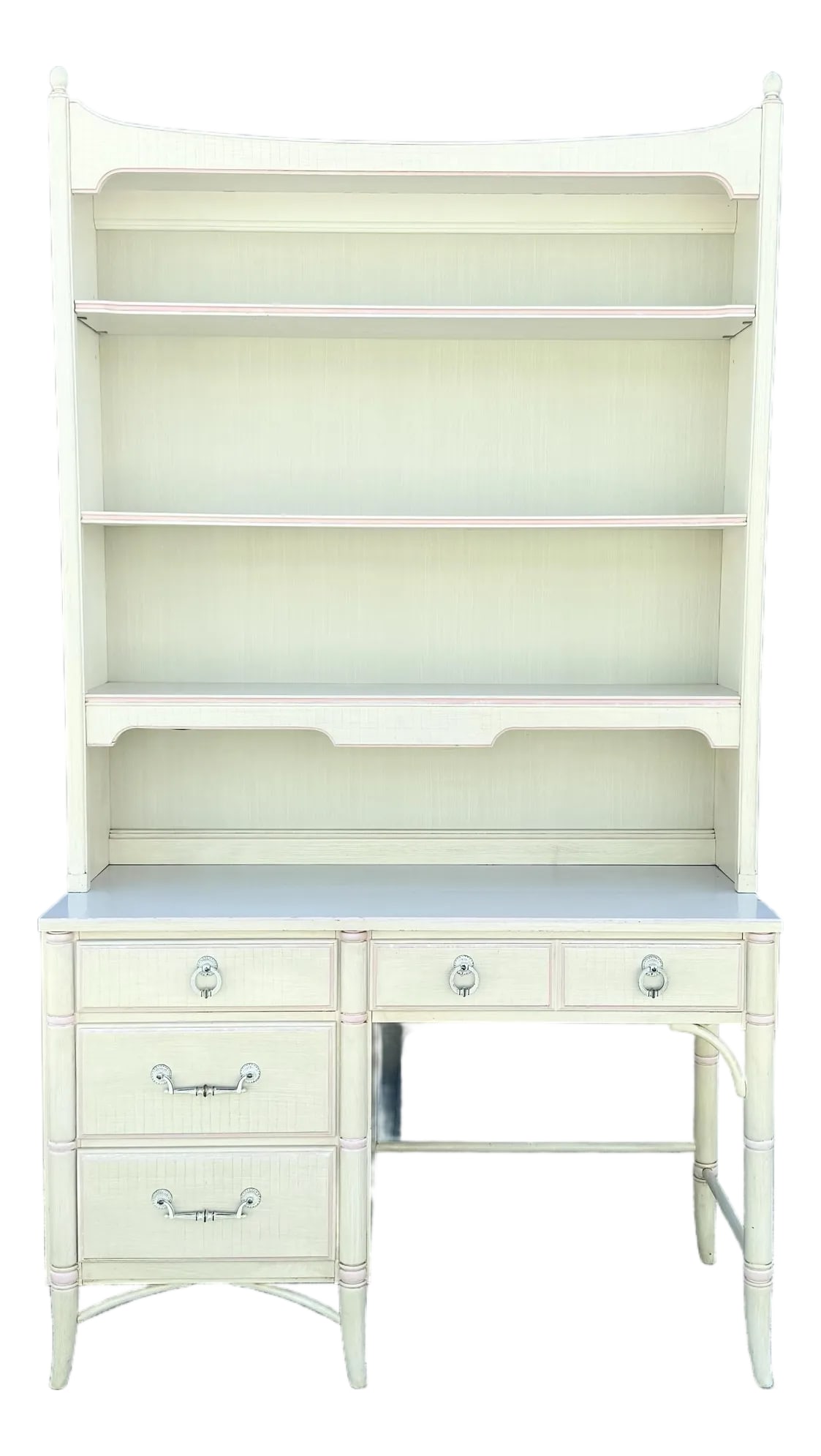 Vintage Coastal Faux Bamboo Cream and Pink Desk With Hutch by Thomasville: Desk: 46.25"w, 18"d, 30.25"h Hutch: 46.25"w, 10.25"d, 52.5"h A charming vintage Thomasville desk and hutch featuring faux bamboo detailing in a soft cream finish accented with delicate blush pink