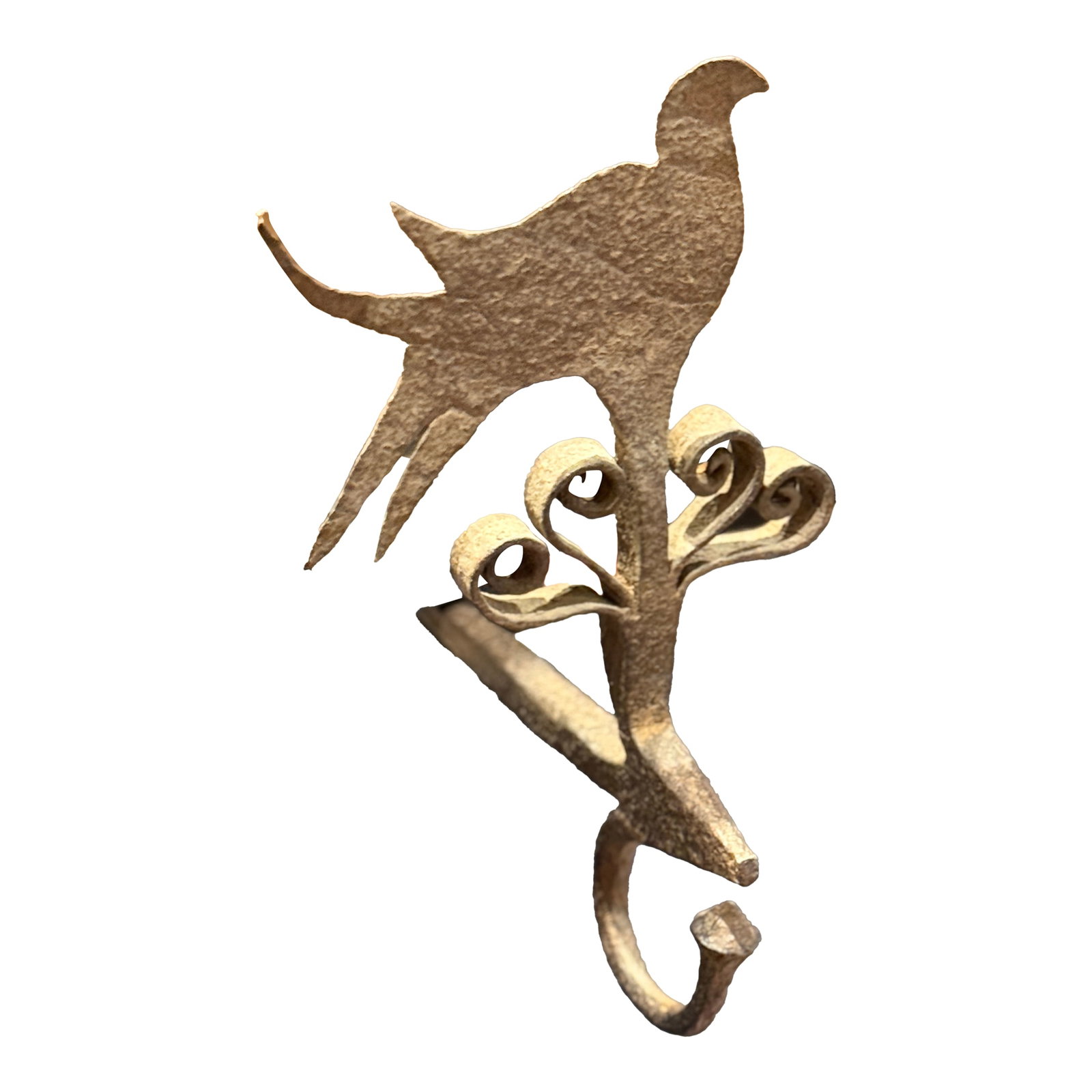 Rare Late 17th / Early 18th Century Forged Iron Oil Lamp Hook With Bird Motif: Exceptional early forged iron wall hook featuring a stylized bird finial and beautifully executed hand-forged scrollwork, originating from Quebec during the late 17th to early 18th century.