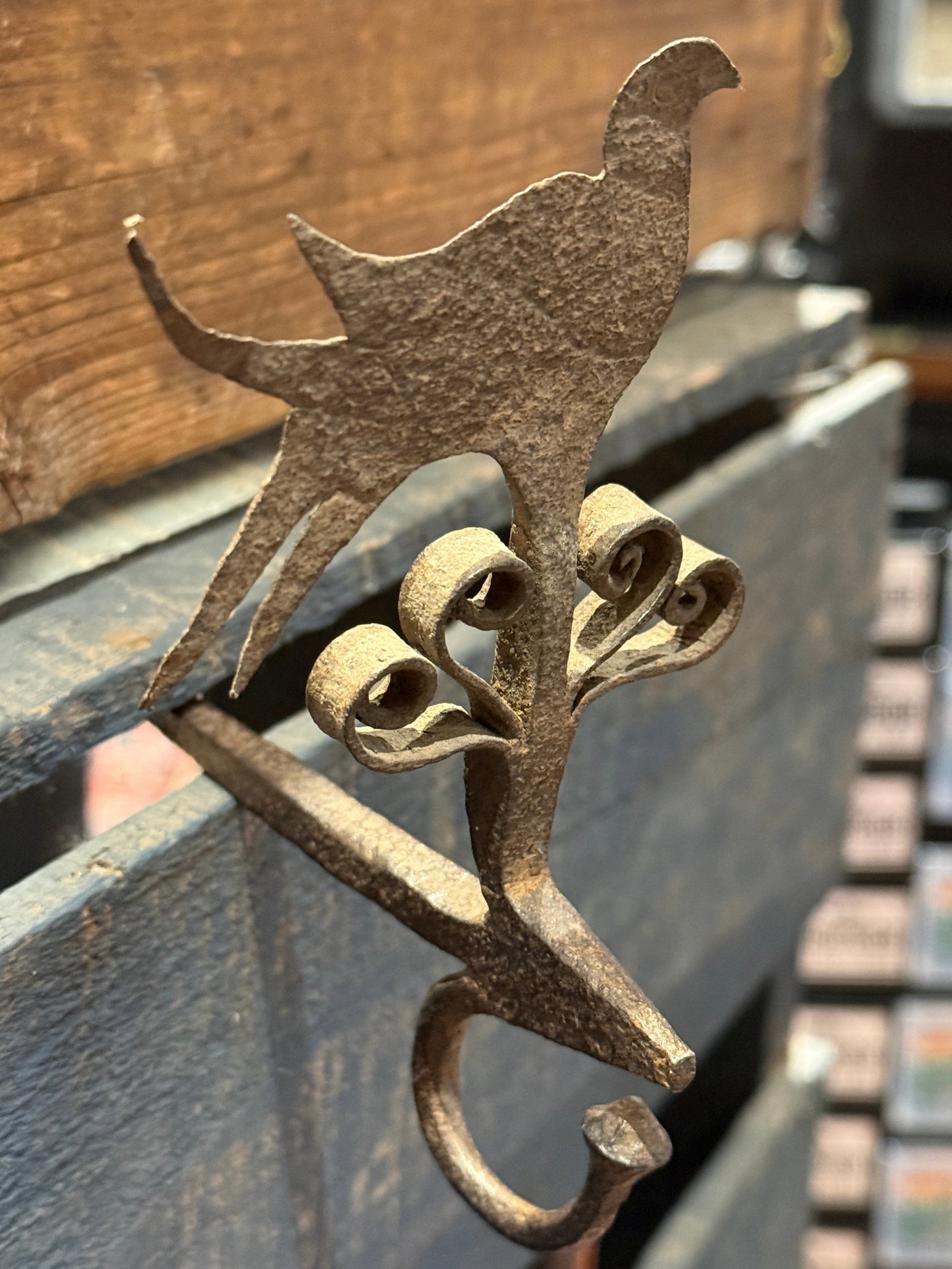 Rare Late 17th / Early 18th Century Forged Iron Oil Lamp Hook With Bird Motif - 5