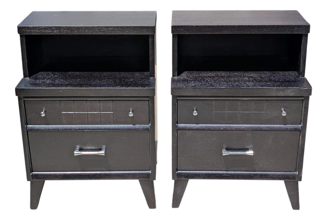Pair of 1950's Ebonized Mid Century Modern Nightstands With Dual Drawers: Completely refinished and in great condition. Wonderful pair of nightstands, each with two drawers Condition: Alterations: Original Design Modified Imperfections: Some Imperfections Condition Notes: