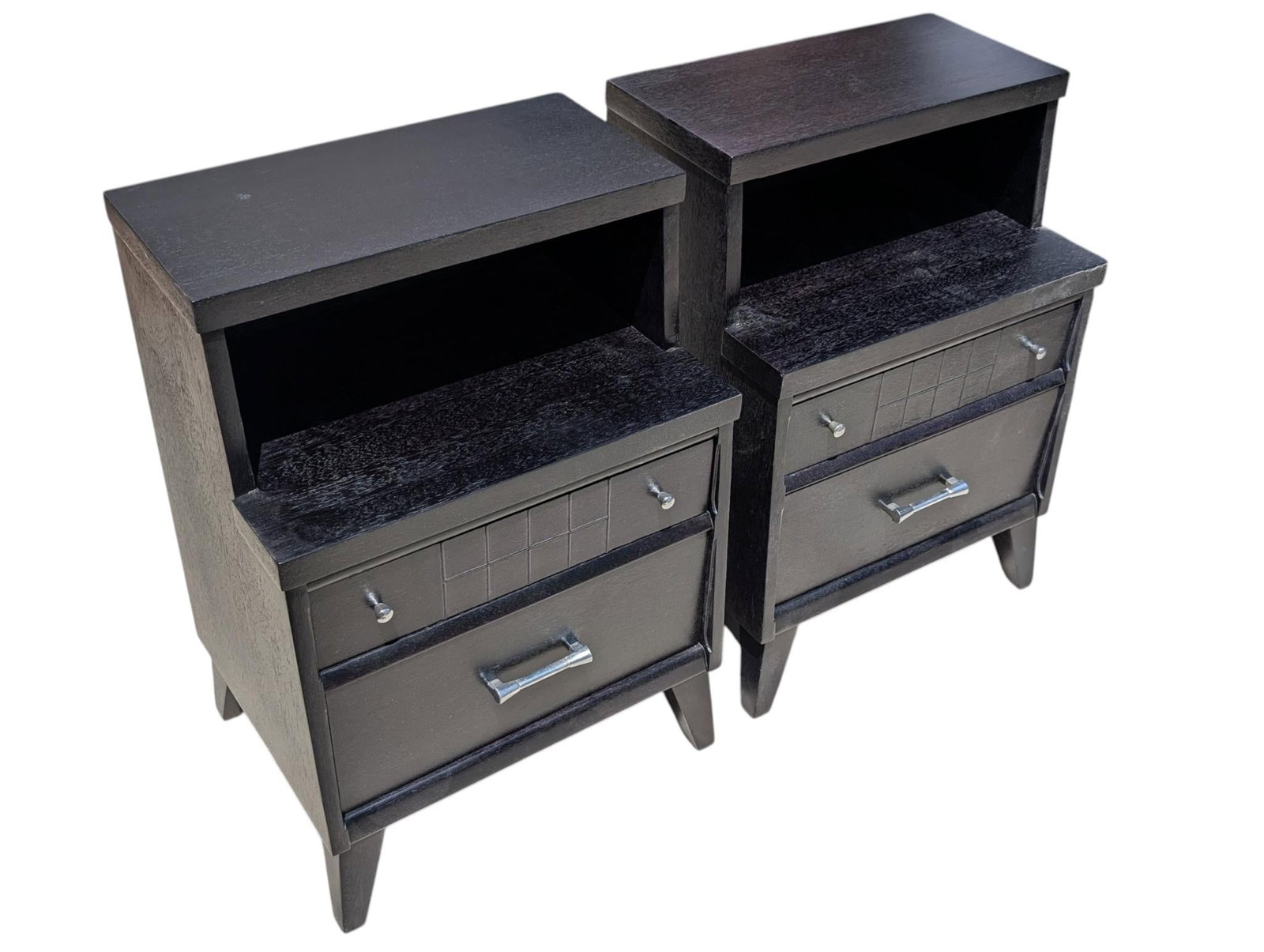 Pair of 1950's Ebonized Mid Century Modern Nightstands With Dual Drawers - 2