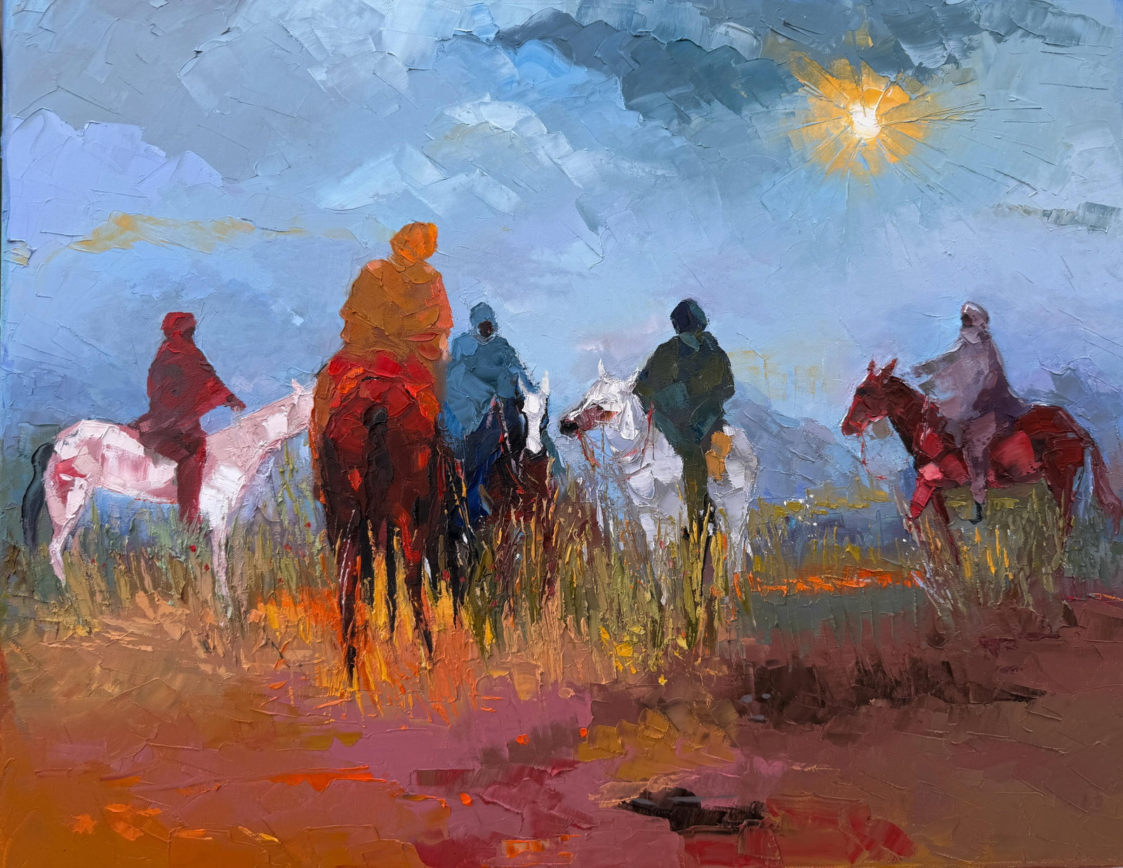Where Our Paths Converge, Impasto Oil Painting by Godfrey Afebuame (2026): I painted Where Our Paths Converge to show the beauty of traveling together and sharing a common journey. The painting shows a group of riders on horseback moving across an open field under a bright,