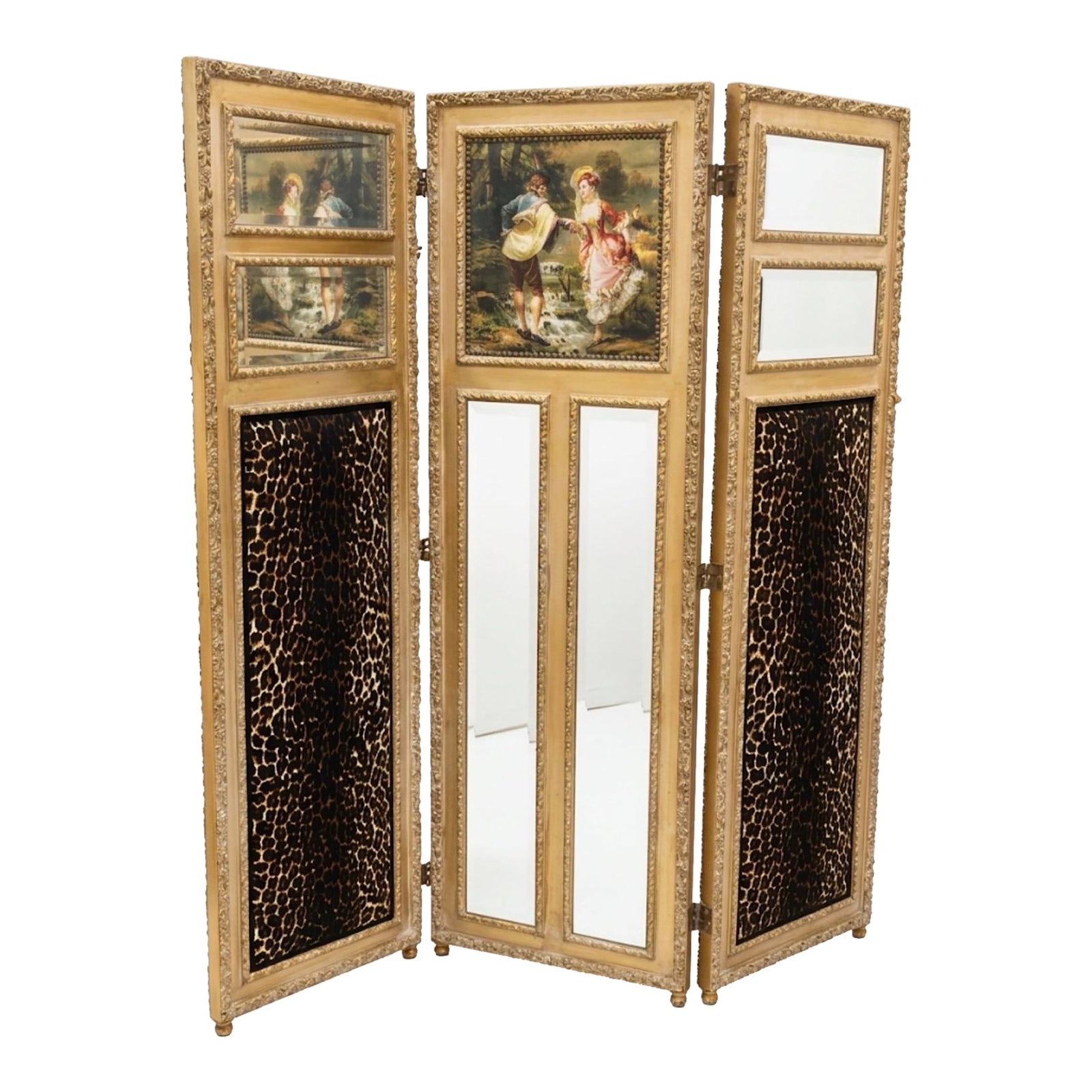 Vintage French Louis XV Style Leopard Print Three-Panel Screen in Gold Leaf Room Divider: Fine Louis XV style gilt wood three fold screen with three panels real solid wood hand painted and mirror panels along with leopard print panels too . Free shipping Dimensions : Width63 ", Depth 2"