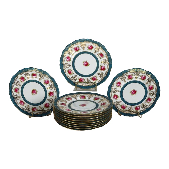 1900s Set of 12 English Cauldon for Gilman Collamore & Co. Scallop Edged Porcelian Plates (1 of 6)