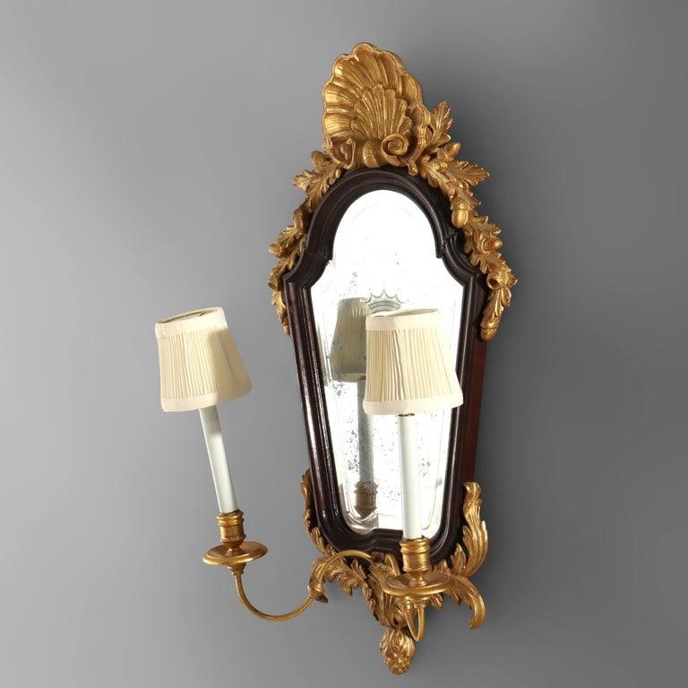 Pair 30" English Carved Mahogany & Gilt Wood Mirrored 2-Light Wall Sconces C1840 - 10