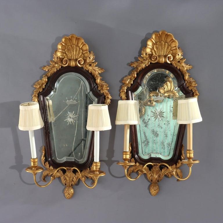Pair 30" English Carved Mahogany & Gilt Wood Mirrored 2-Light Wall Sconces C1840 - 2