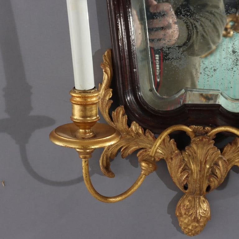 Pair 30" English Carved Mahogany & Gilt Wood Mirrored 2-Light Wall Sconces C1840 - 3