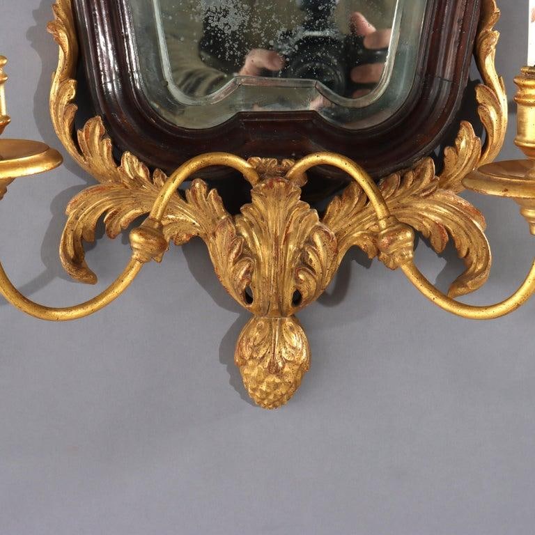 Pair 30" English Carved Mahogany & Gilt Wood Mirrored 2-Light Wall Sconces C1840 - 4