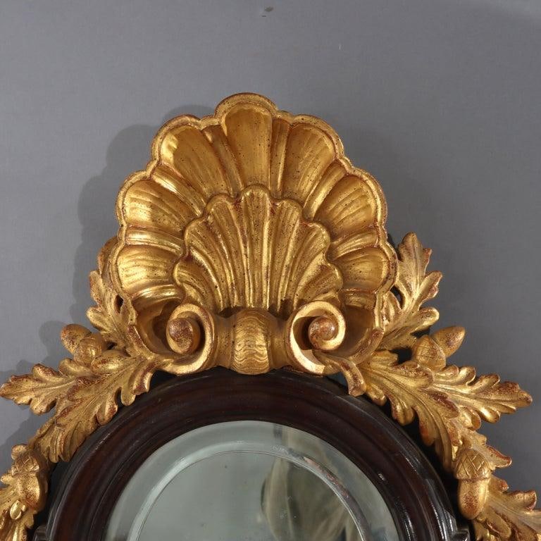 Pair 30" English Carved Mahogany & Gilt Wood Mirrored 2-Light Wall Sconces C1840 - 6