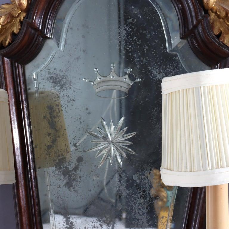 Pair 30" English Carved Mahogany & Gilt Wood Mirrored 2-Light Wall Sconces C1840 - 7
