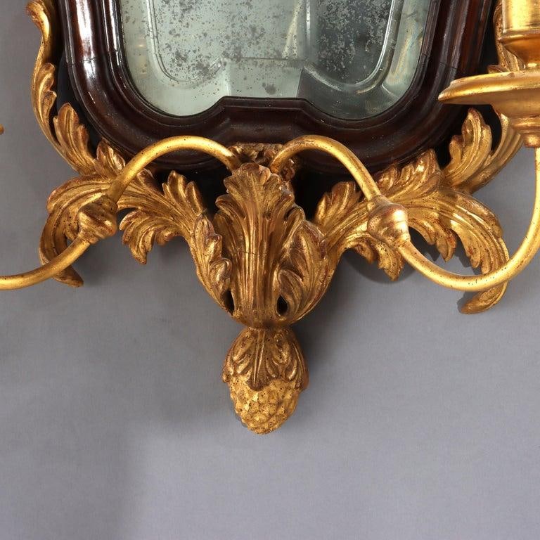 Pair 30" English Carved Mahogany & Gilt Wood Mirrored 2-Light Wall Sconces C1840 - 9