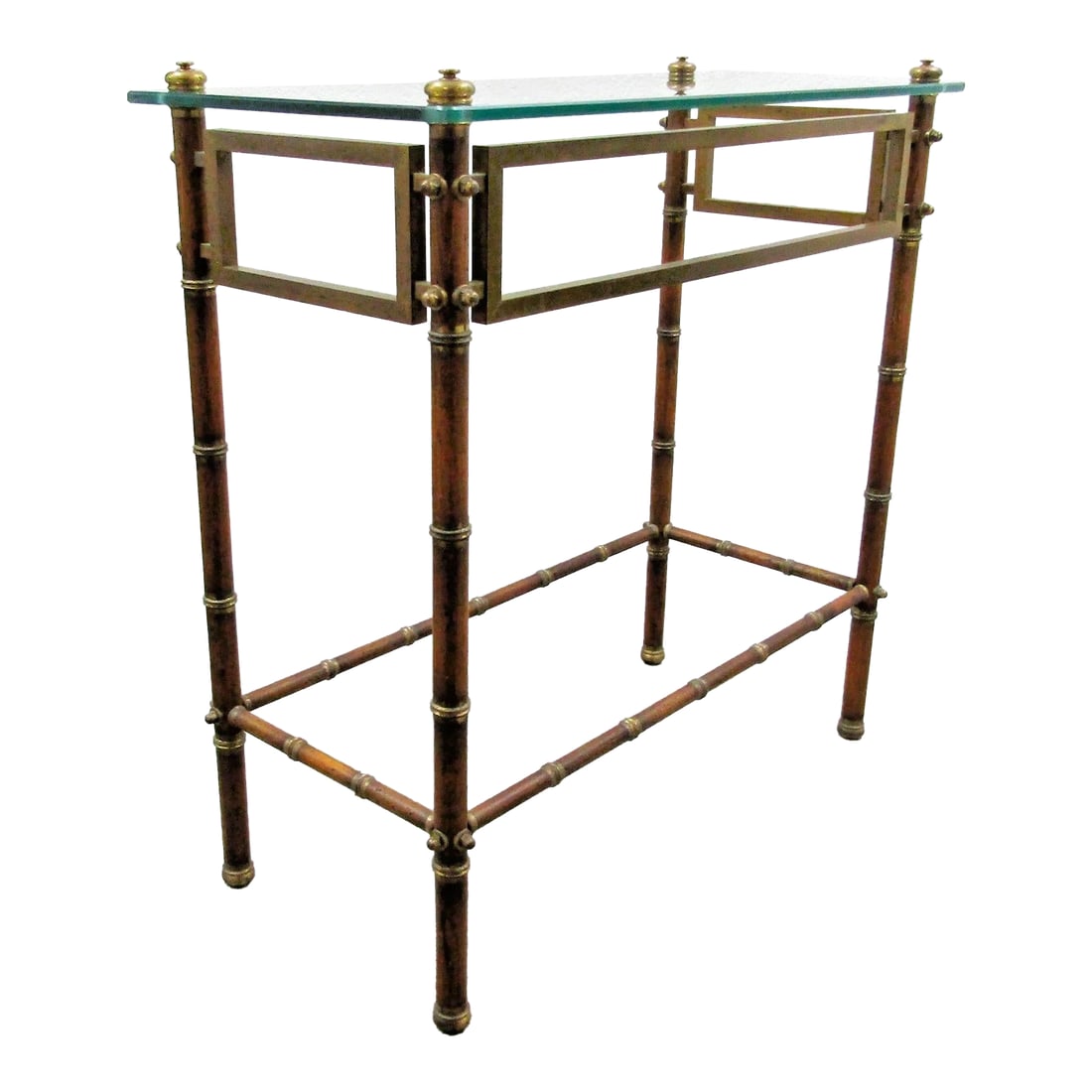Mid-Century French Glass Top Faux Bamboo Wood and Brass Side Table Attributed to Maison Baguès: Mid-Century French Maison Baguès Glass Top Faux Bamboo Wood and Brass Side Table The legs and horizontal base supports are made of segments of wood separated by brass which gives it the faux bamb