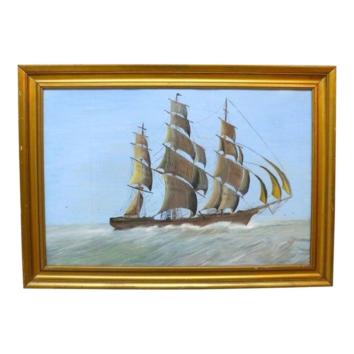 Watercolor Seascape Painting With Clipper Sailing Ship by James M. Maps C1920 (1 of 13)