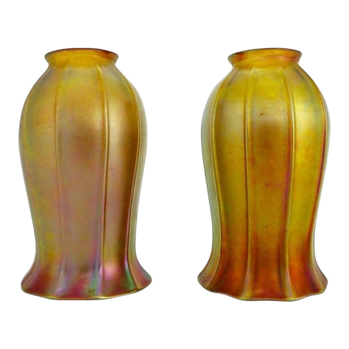 Pair of Antique Steuben Gold Aurene Tulip Shaped Art Glass Shades C1920: Pair Of Antique Steuben Gold Aurene Tulip Shaped Art Glass Shades, Unsigned, C1920 Measures - 6.75"H x 4"W x 4"D Condition: Alterations: Unknown Imperfections: Some Imperfections Condition Notes: