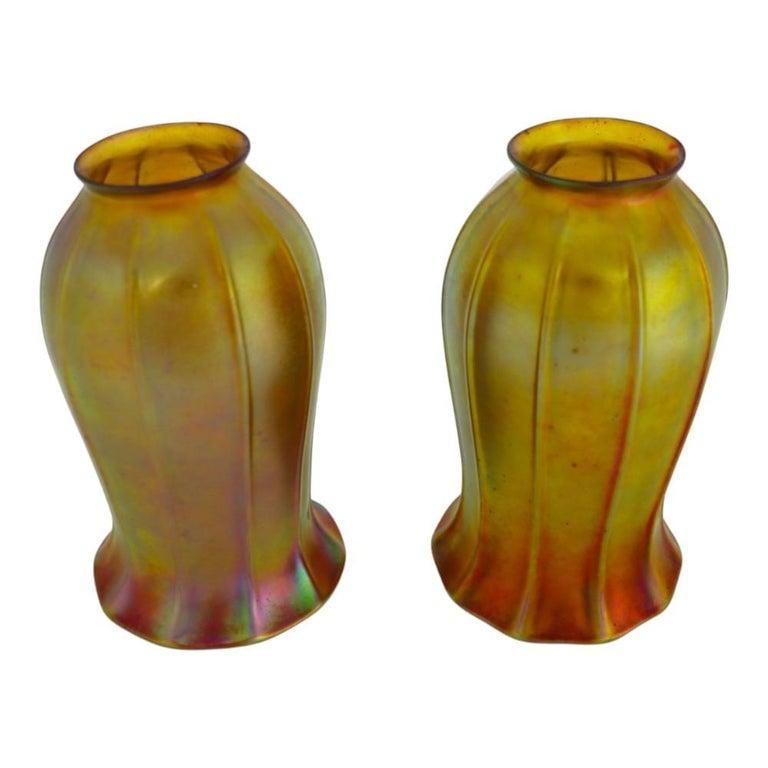Pair of Antique Steuben Gold Aurene Tulip Shaped Art Glass Shades C1920 - 4
