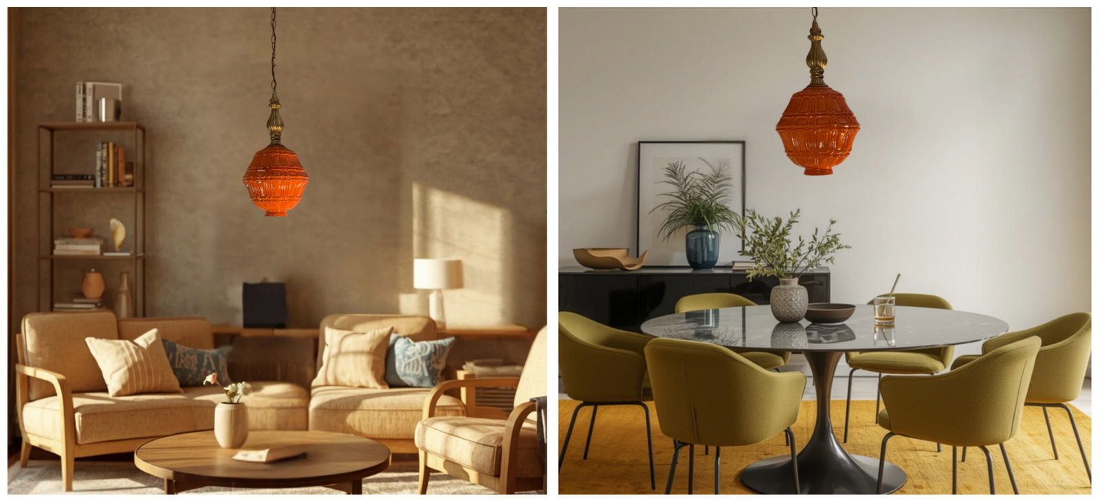 Mid-Century Distressed Orange Pressed Glass Pendant Light - 11