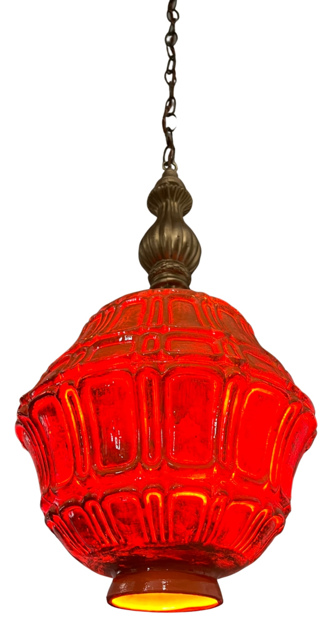 Mid-Century Distressed Orange Pressed Glass Pendant Light - 12