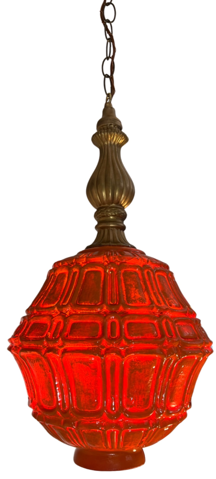 Mid-Century Distressed Orange Pressed Glass Pendant Light - 13
