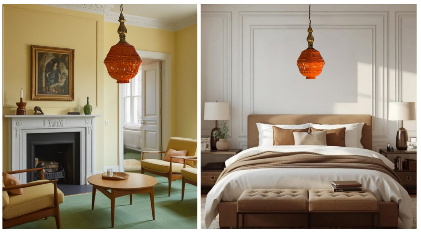 Mid-Century Distressed Orange Pressed Glass Pendant Light - 14