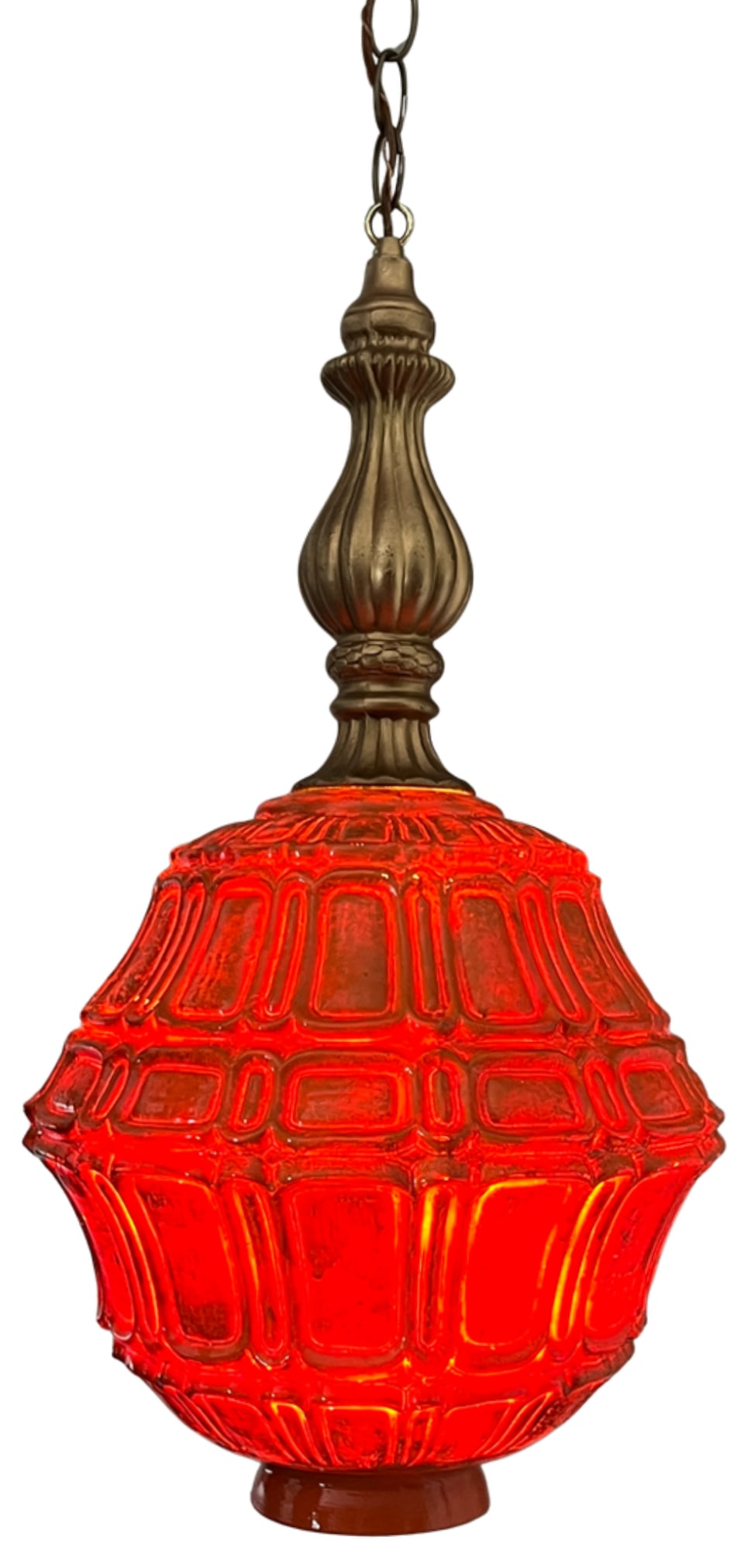 Mid-Century Distressed Orange Pressed Glass Pendant Light - 15