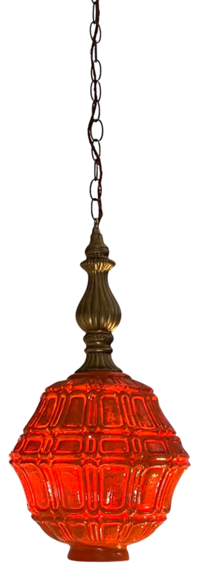 Mid-Century Distressed Orange Pressed Glass Pendant Light - 17