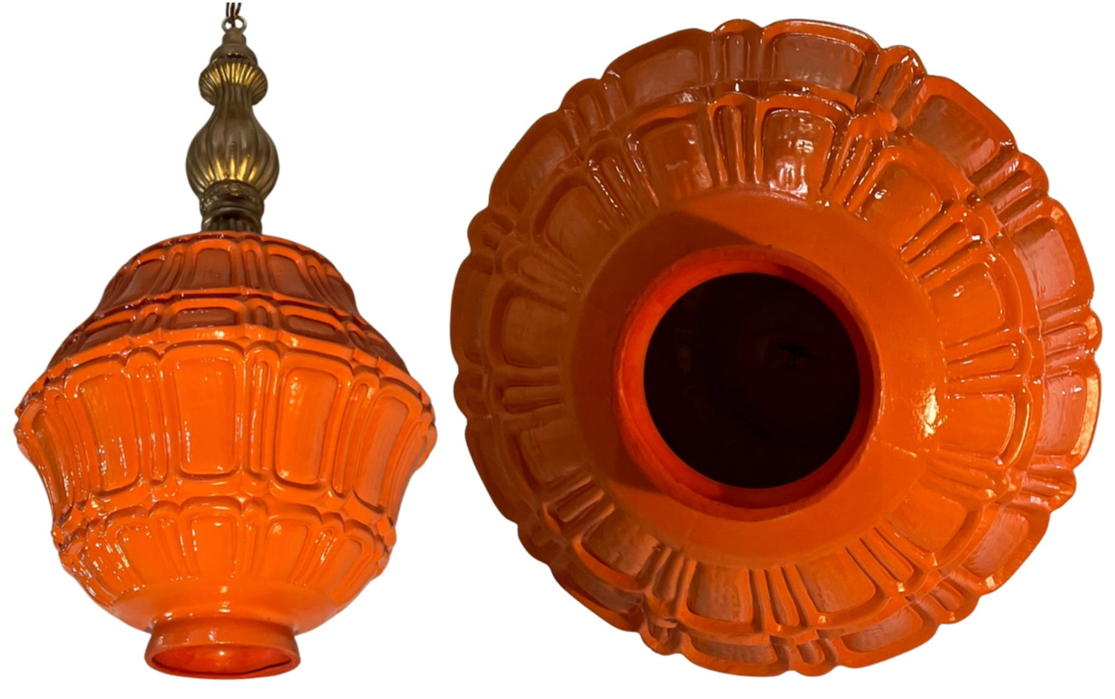 Mid-Century Distressed Orange Pressed Glass Pendant Light - 18