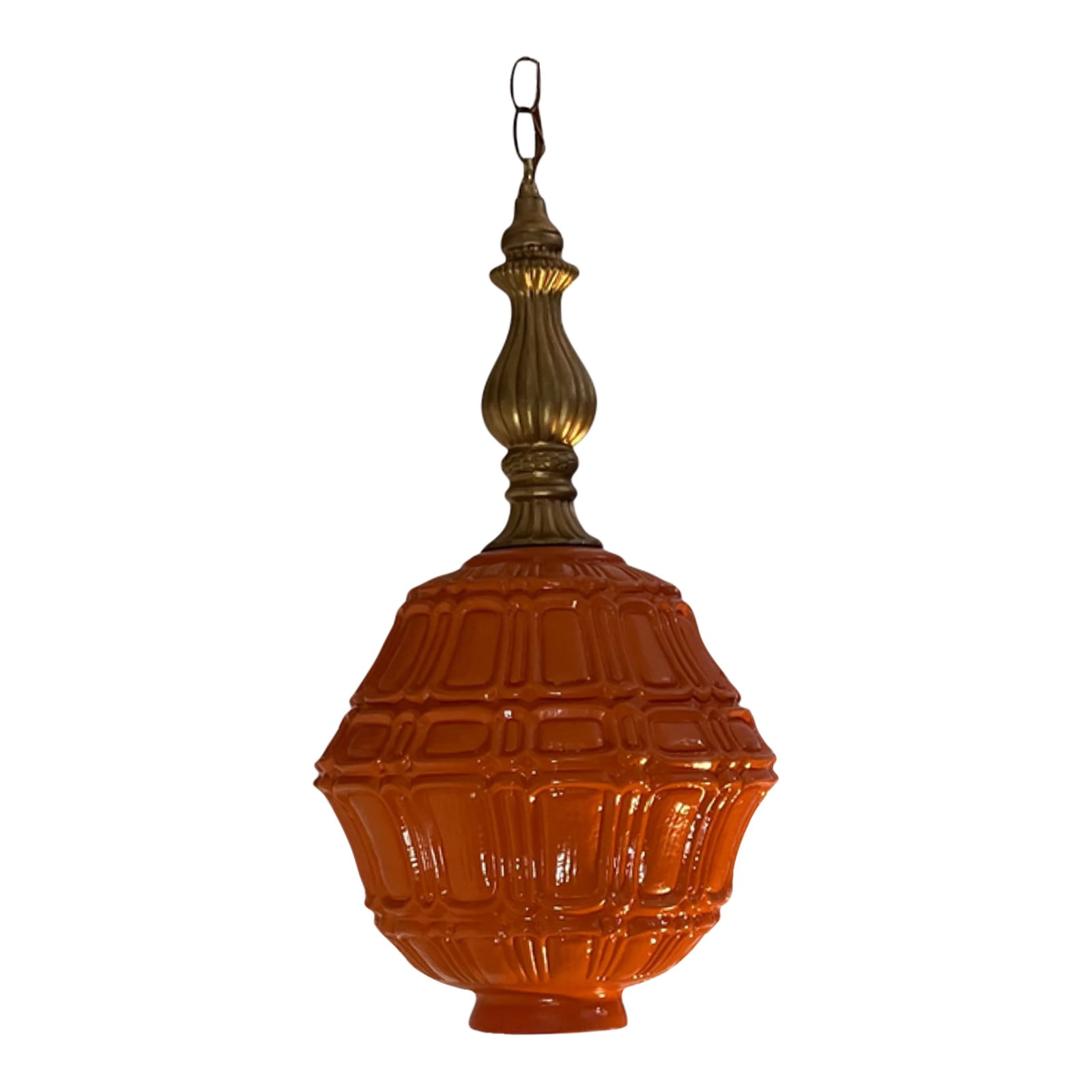Mid-Century Distressed Orange Pressed Glass Pendant Light: This one-of-a-kind 21"‘inch by 12"‘inch pendant light has a striking mid"‘century presence, built around a heavy pressed"‘glass shade finished in a rich, orange paint with a