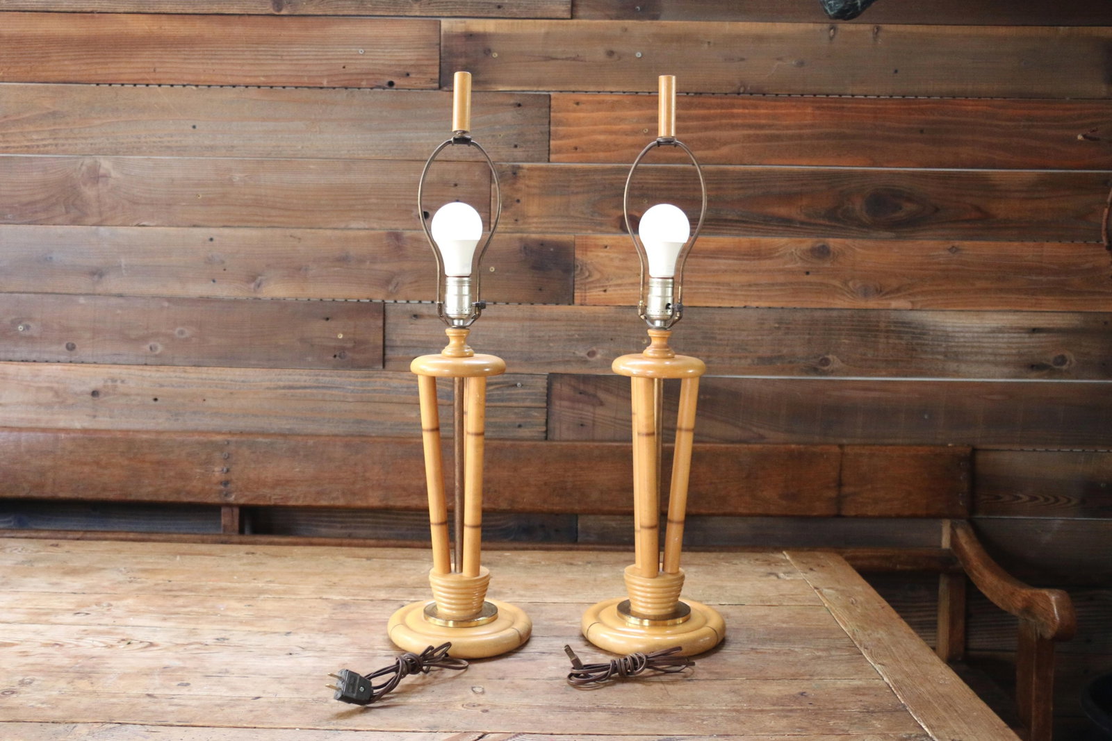 1950s Heywood-Wakefield Bamboo Style Table Lamps | Pair of Mid Century Modern Wood Lamps - 11