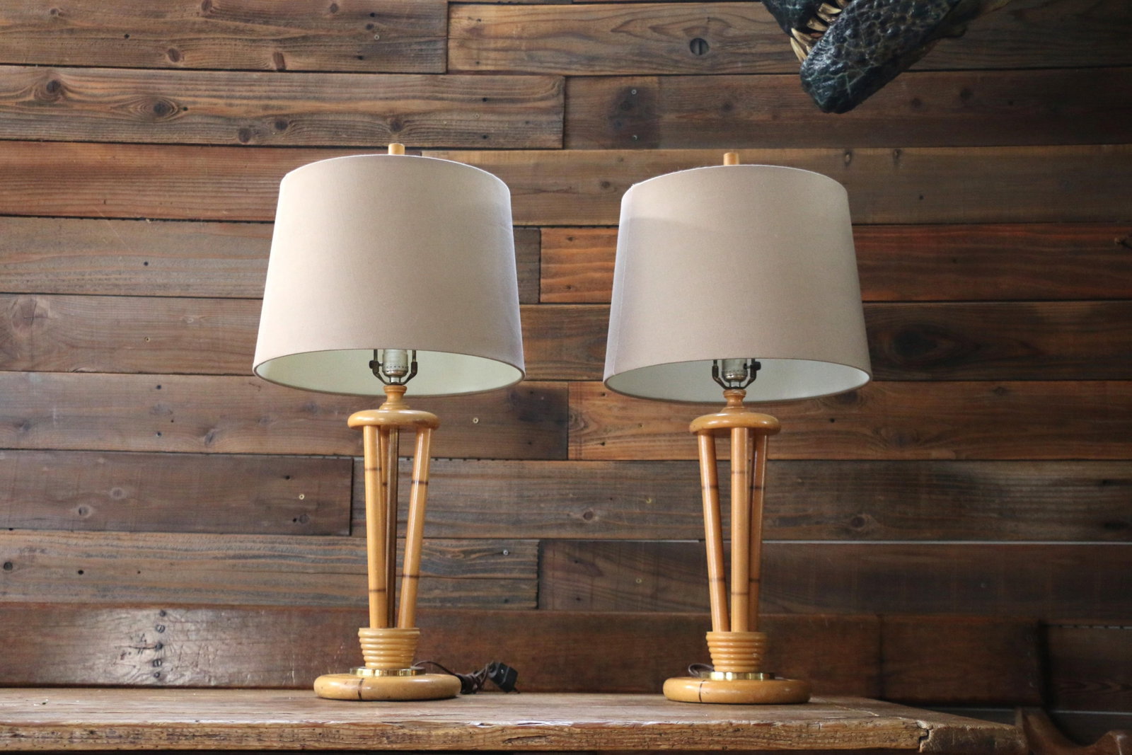 1950s Heywood-Wakefield Bamboo Style Table Lamps | Pair of Mid Century Modern Wood Lamps - 2