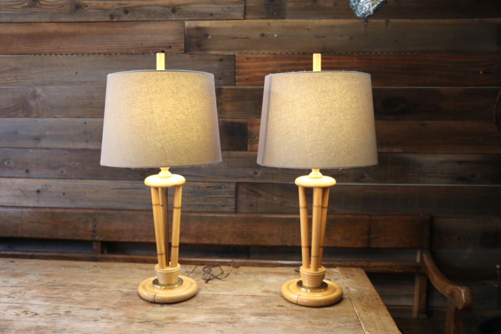 1950s Heywood-Wakefield Bamboo Style Table Lamps | Pair of Mid Century Modern Wood Lamps - 5