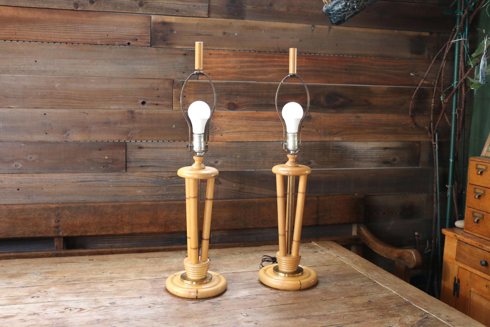 1950s Heywood-Wakefield Bamboo Style Table Lamps | Pair of Mid Century Modern Wood Lamps - 7