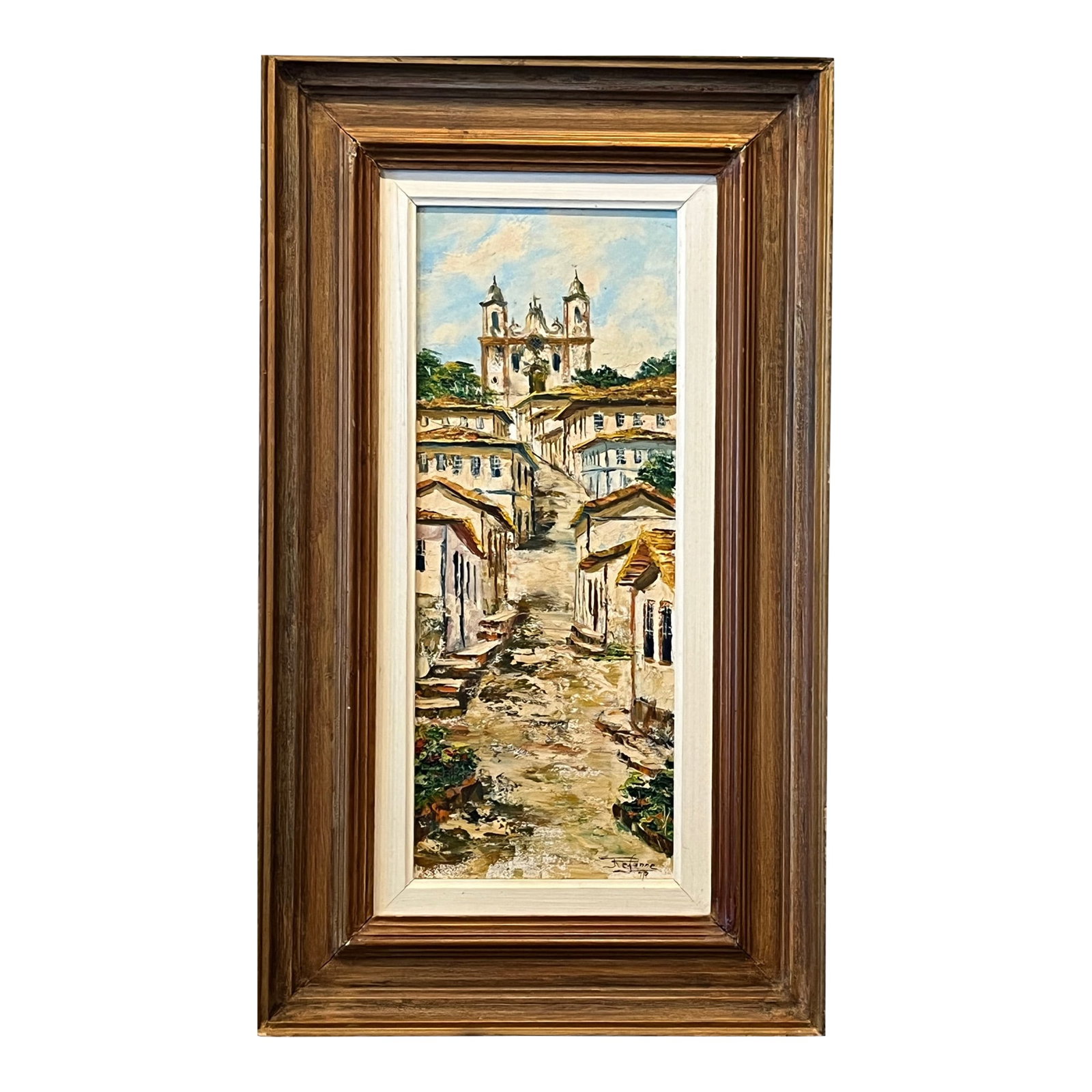 1970s Brazilian Impasto Oil Painting of Tiradentes by J. Refanne - Framed: Transport your space to the historic hills of Minas Gerais with this captivating 1979 original oil painting by Brazilian artist J. Refanne. Executed with a rich, heavy impasto technique, the artwork