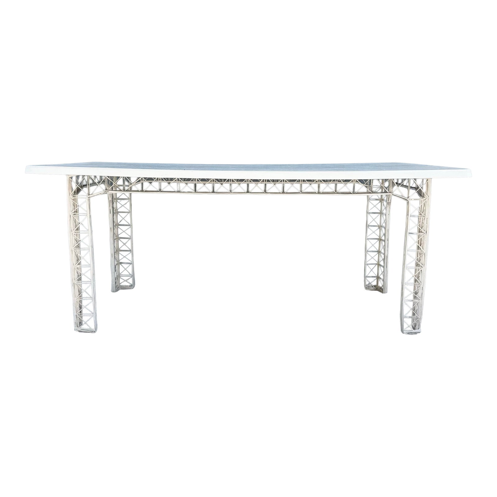 Mid Century Modern Spun Fiberglass Rectangular Dining Table: A distinctive Mid-Century Modern rectangular dining table showcasing the era's fascination with sculptural form and innovative materials. The dramatic open lattice base in spun fiberglass creates an a