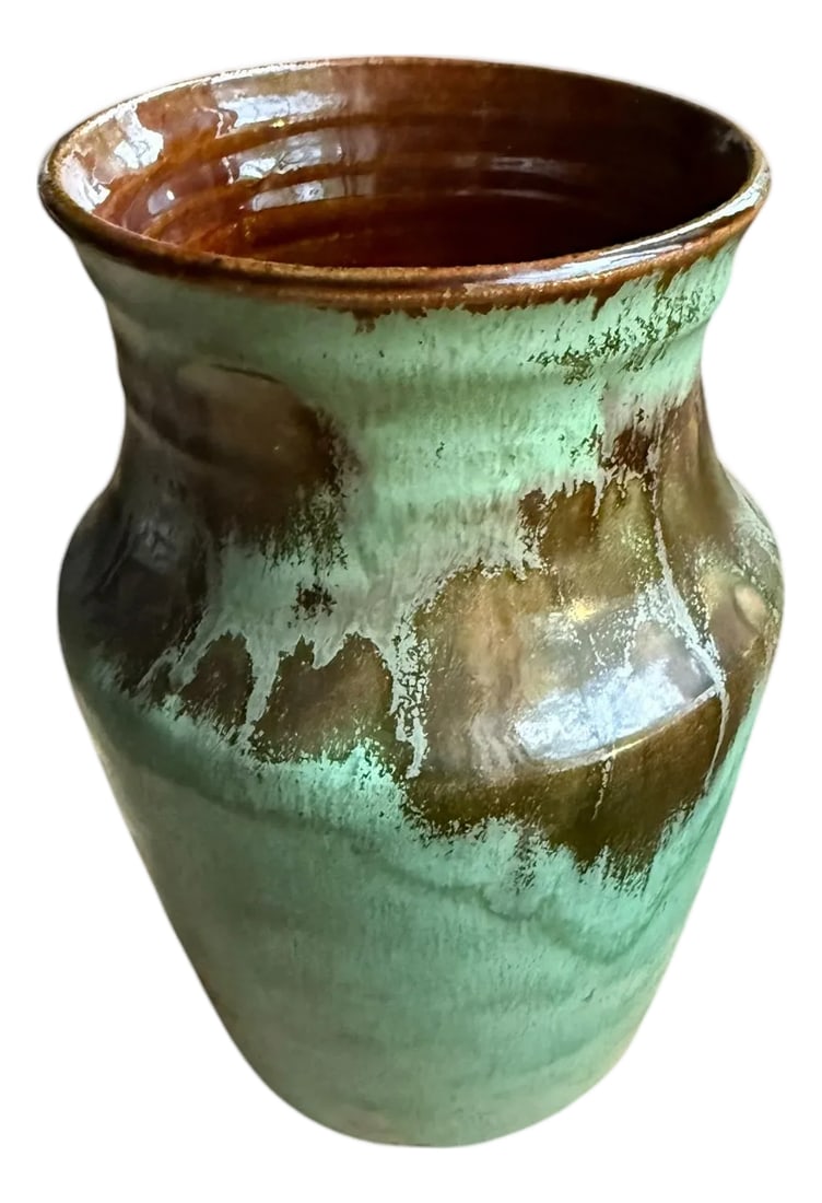 Vintage Studio Art Drip Glaze Green Pottery Vase.: 1970's studio pottery handmade ceramic vase. It features a fluted neck, a wide shoulder, and a tapered base, covered in a layered dripping glaze with shades of mint green, rich brown, and metallic