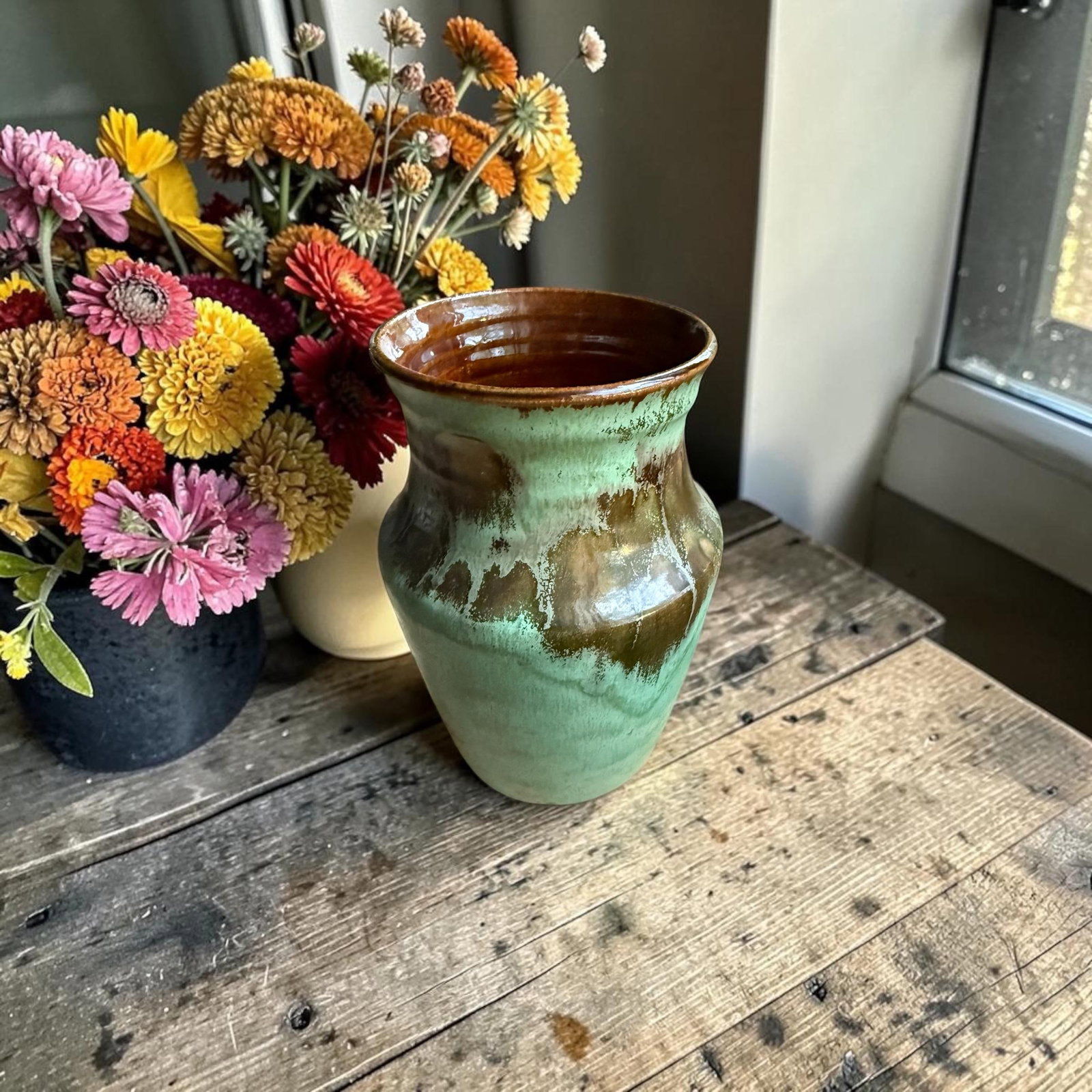 Vintage Studio Art Drip Glaze Green Pottery Vase. - 5
