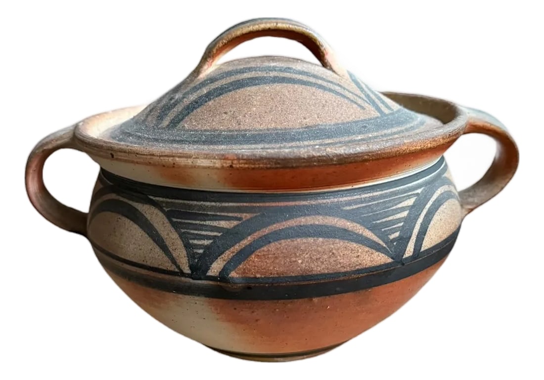1991 Studio Art Wood Fired Pottery Lidded Bowl: Offering from my personal Studio Pottery 1990's Collection, a wood fired double-handled, lidded pottery bowl. Stamped 1991 PW inside a diamond lozenge. It features an earthy, hand-painted geometric