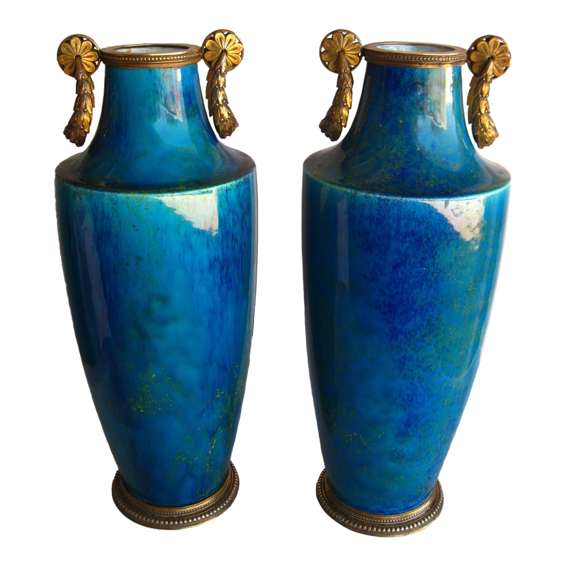 Late 19th Century Sevres Paul Milet Pair of Vases: Paul Millet ( 1870 - 1950 )was a ceramist maker in Sevres , he won a world faire in Paris in 1889 and became famous for it s splendid glaze and colorings ,the mix off different bleus and a little