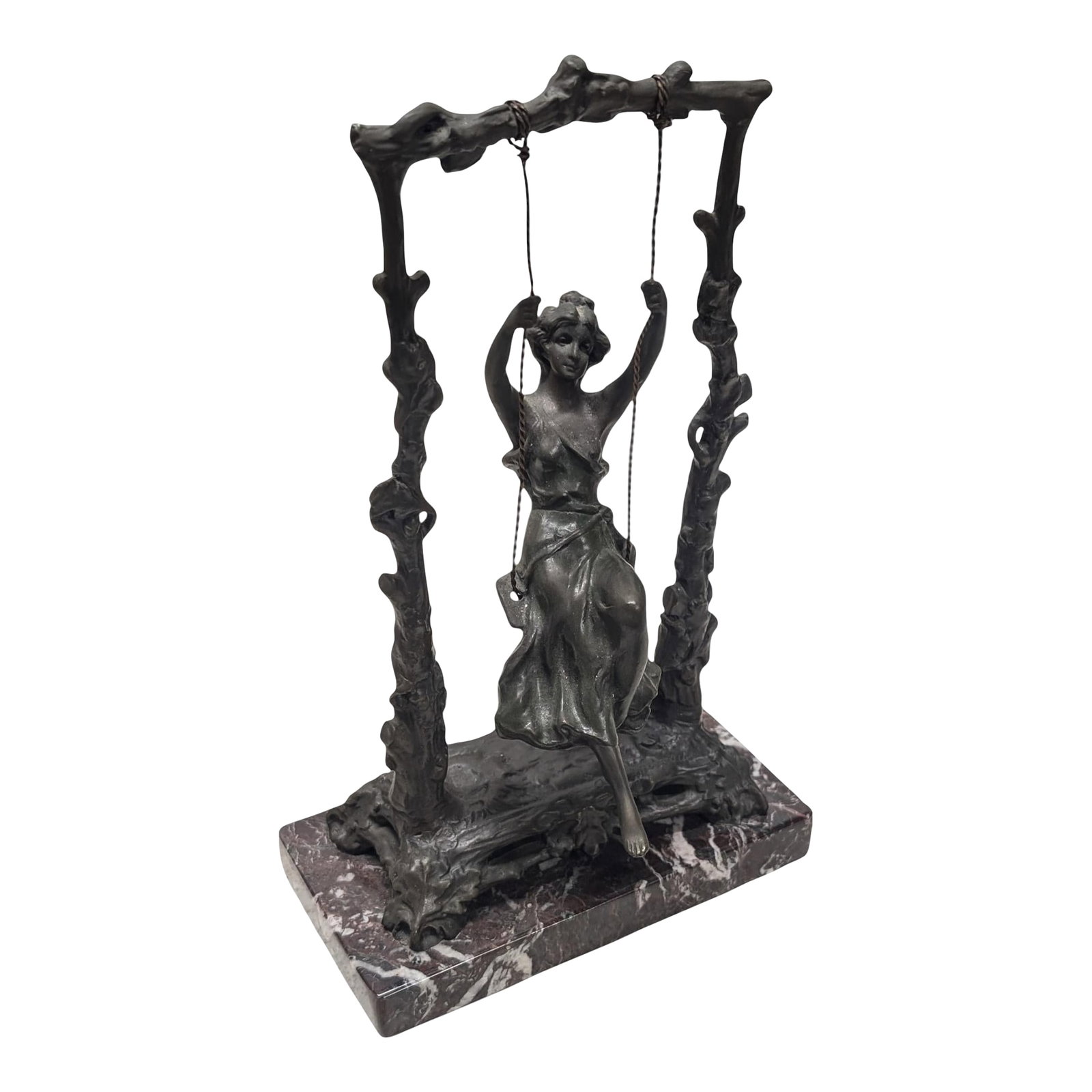 Girl on a Swing Bronze Statue With Marble Base by Auguste Moreau: Wonderful statue in bronze by Auguste Moreau titled "Girl on a Swing". Attached to a marble base Condition: Alterations: Original Condition Unaltered Imperfections: Some Imperfections Condition