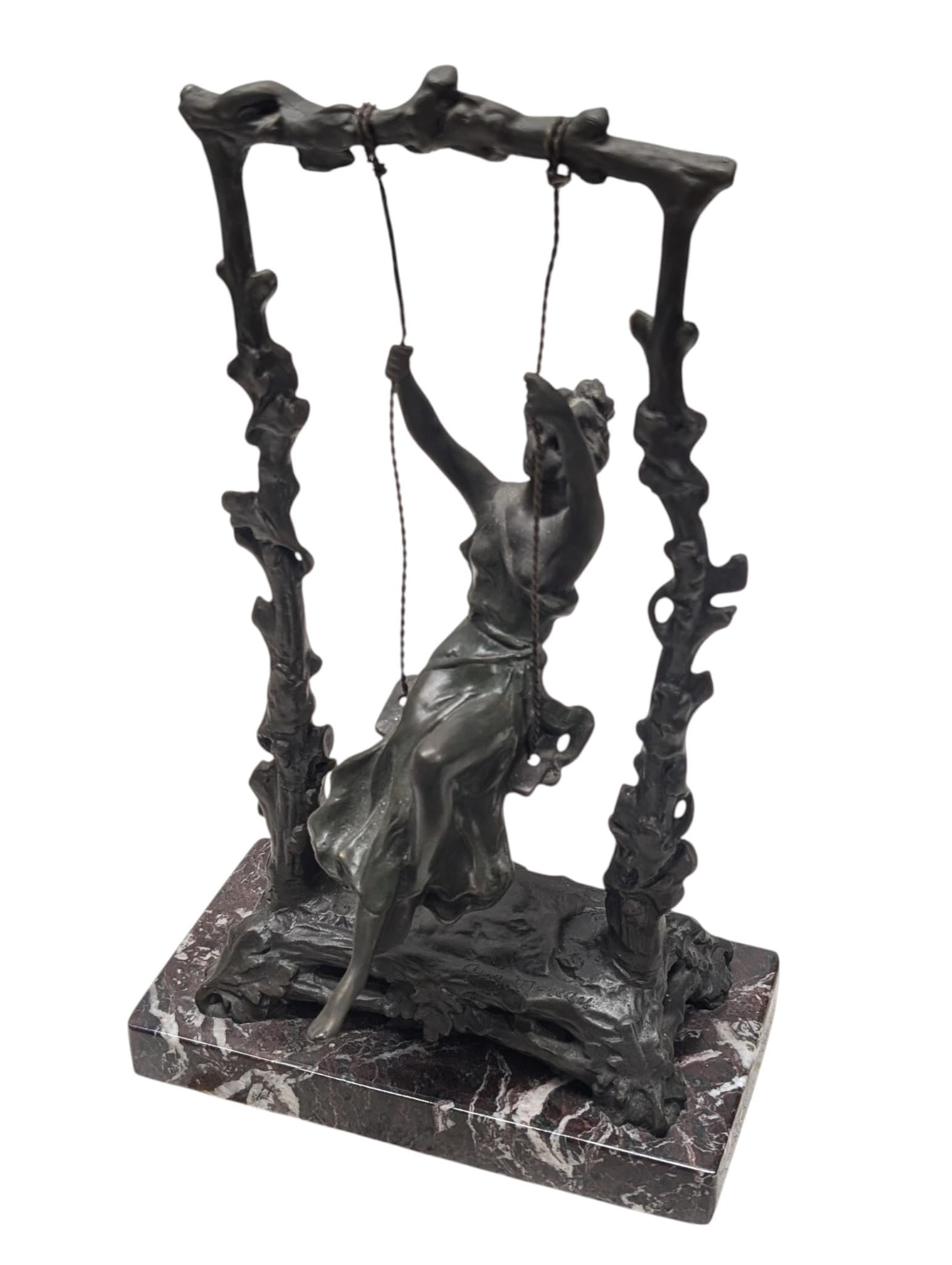 Girl on a Swing Bronze Statue With Marble Base by Auguste Moreau - 2