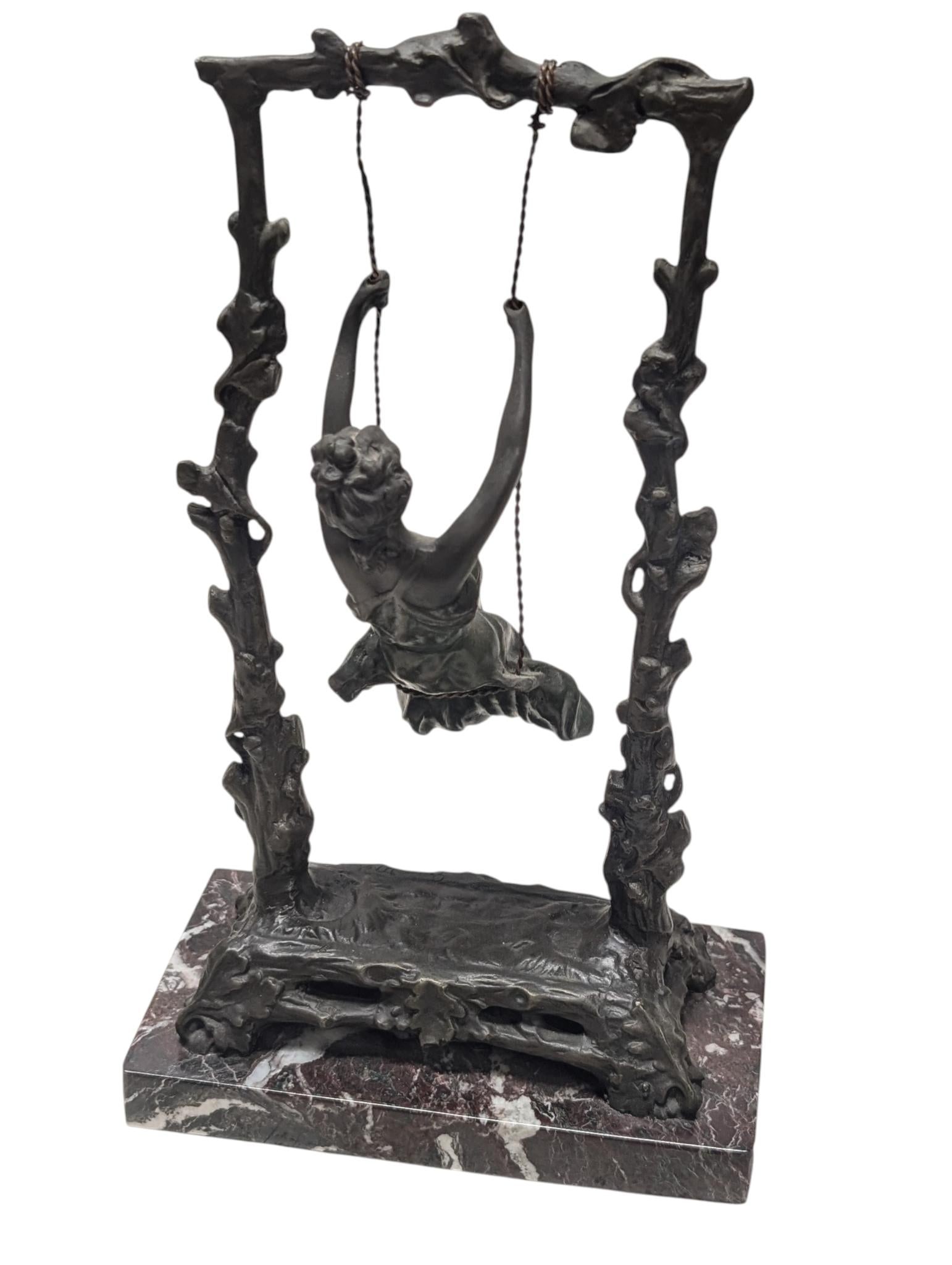 Girl on a Swing Bronze Statue With Marble Base by Auguste Moreau - 3