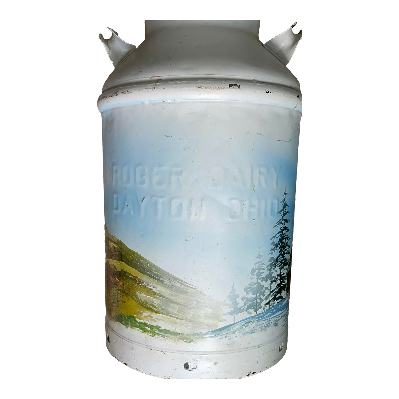 Vintage Metal Milk Can - Dayton, Ohio: Authentic vintage metal milk can from Roger Dairy of Dayton, Ohio, featuring a charming pastoral landscape graphic with rolling hills and farm imagery. This nostalgic dairy container has wonderful