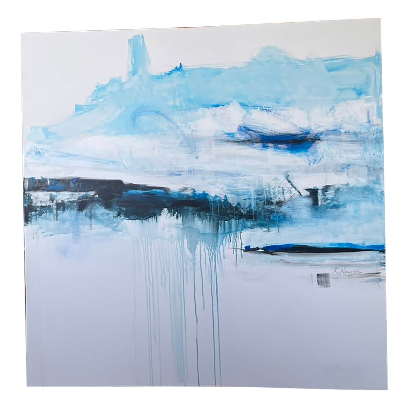 Edge of Memory, Abstract Painting in Blue and White: Edge of Memory is a luminous abstract composition that hovers between landscape and recollection. Layers of translucent blues, soft whites, and deep indigo drift across the canvas, evoking distant