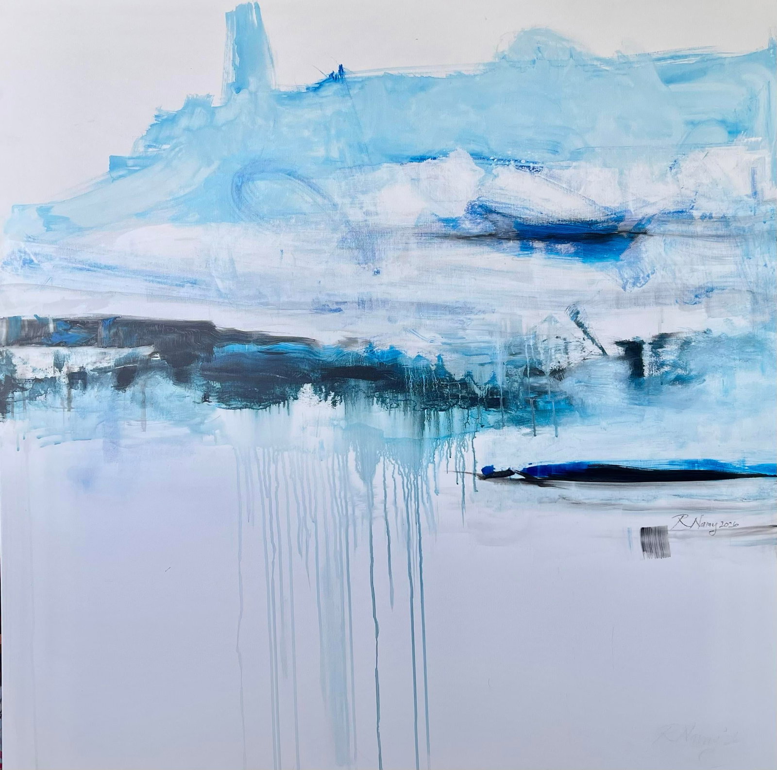 Edge of Memory, Abstract Painting in Blue and White - 2