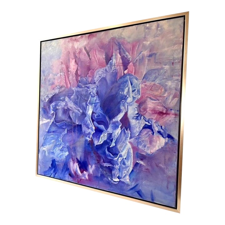 Blue Iris Framed Oil on Canvas by Shelly Gurton "Dreaming in Blue": This stunning painting is titled " Dreaming in Blue" and was done by Shelly Gurton, a native of Georgia, born and raised in Savannah and Atlanta. She attended the University of Georgia where she