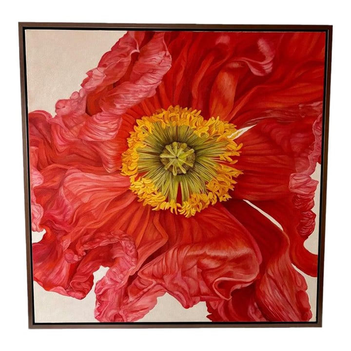 Iceland Poppy Framed Oil on Canvas by Shelly Gurton Titled "Riva": Titled "Riva", this stunning bright pink Iceland poppy was painted by Shelly Gurton, a native of Georgia, born and raised in Savannah and Atlanta. She attended the University of Georgia where she