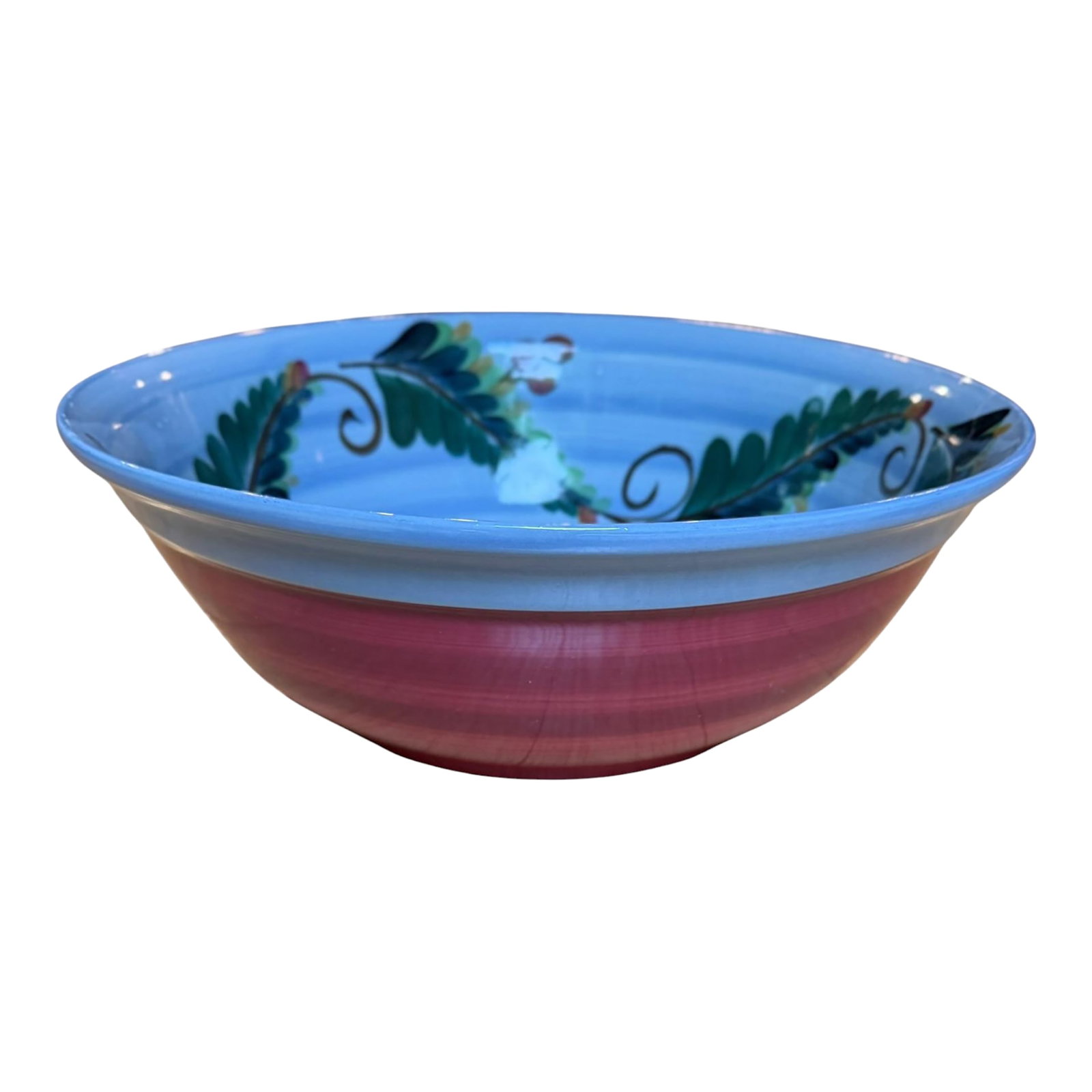 Gail Pittman Signed Blue Garden Extra-Large Serving Bowl Hand Painted 2004: Offering in excellent condition, a hand-painted ceramic serving bowl from renowned Mississippi ceramic artist Gail Pittman. Pattern: Blue Garden- featuring distinctive fern-like green fronds,