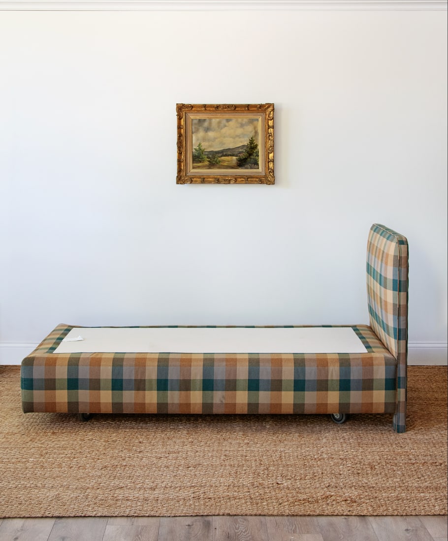 Custom Upholstered Charles H. Beckley Twin Beds in Plaid Performance Fabric - 4