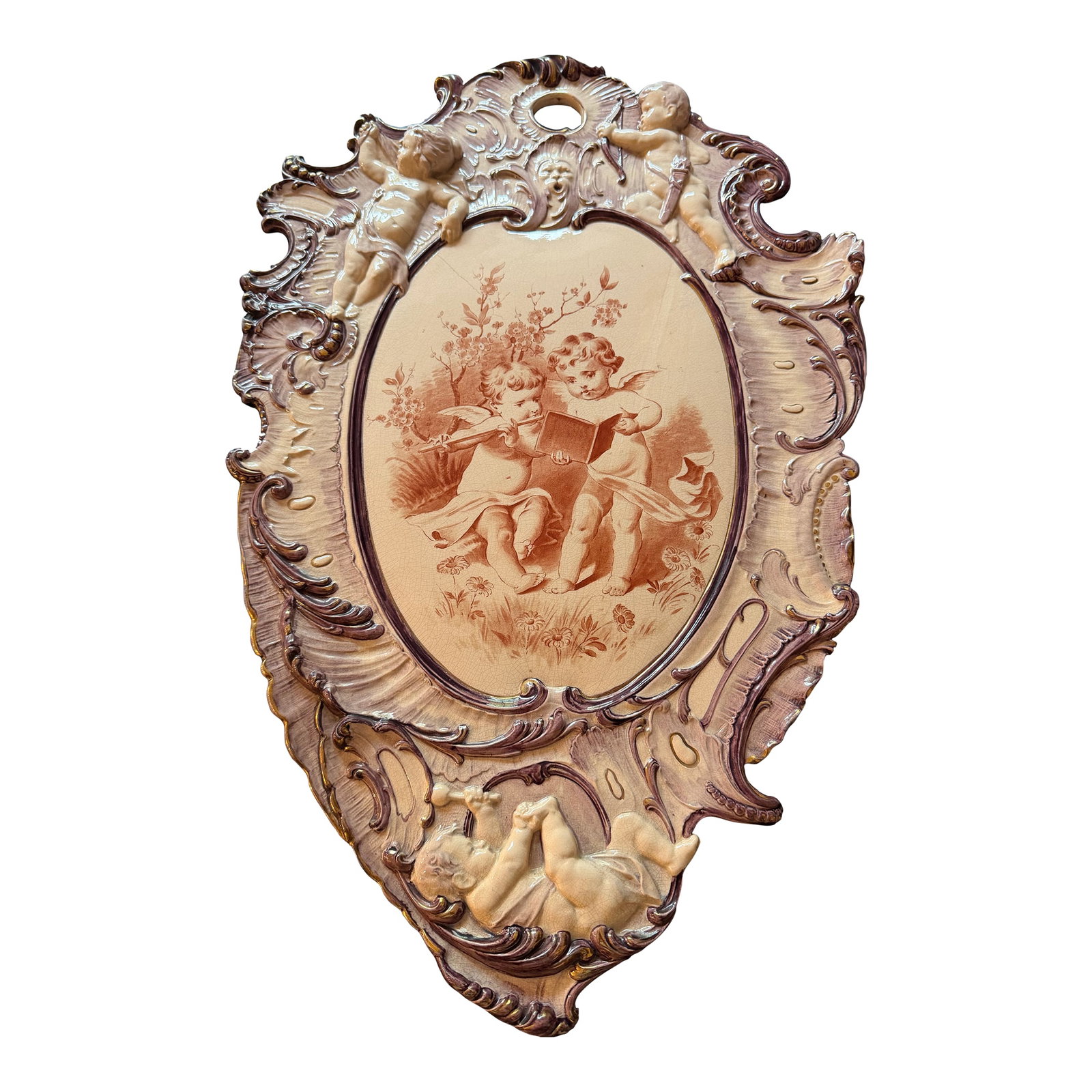 Late 19th Century Antique Villeroy & Boch Mettlach Violet Large Plaque With Cherubs: Beautiful antique Villeroy & Boch Mettlach porcelain plaque decorated with angelic cherubs. The central portrait depicts two Cherubs playing a flute. On the lively purple frame are three additional